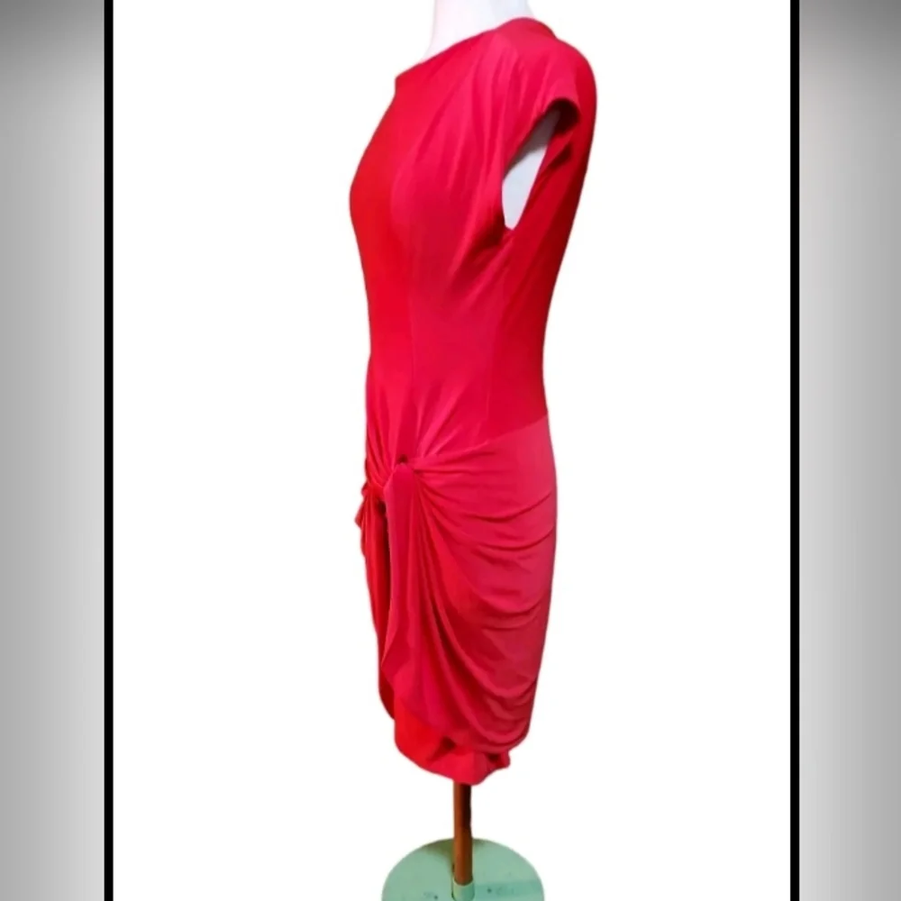 Lauren Ralph Lauren Dress 8 Midi Slinky Stretch Bodycon Y2k Cap Short Sleeve Red
